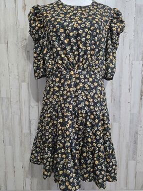 INA Black Yellow Floral Midnight Daisy Puff Sleeve Mini Dress Size Medium